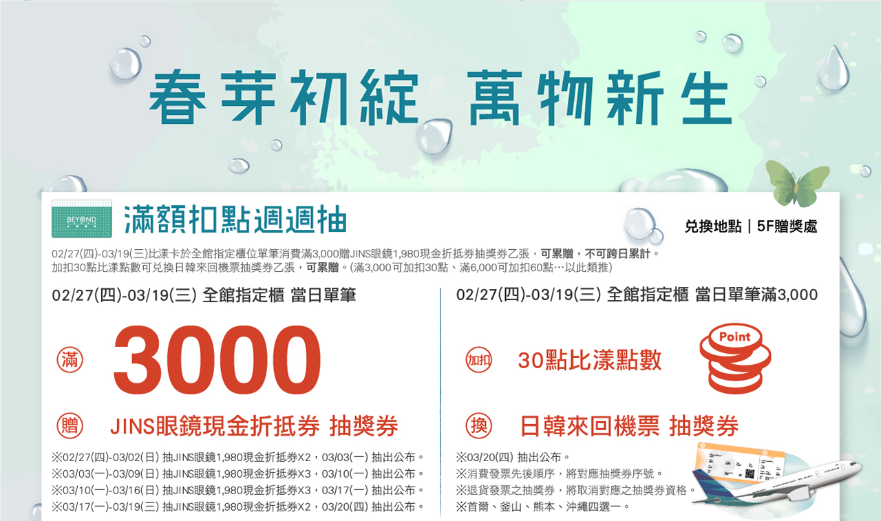 滿額扣點週週抽，滿3000贈JINS眼鏡現金抽獎券